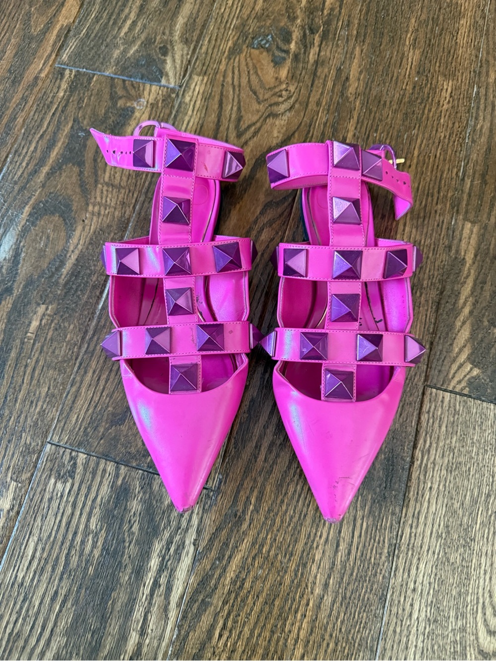 Valentino Hot Pink Pyramid-Stud Pointed Flats